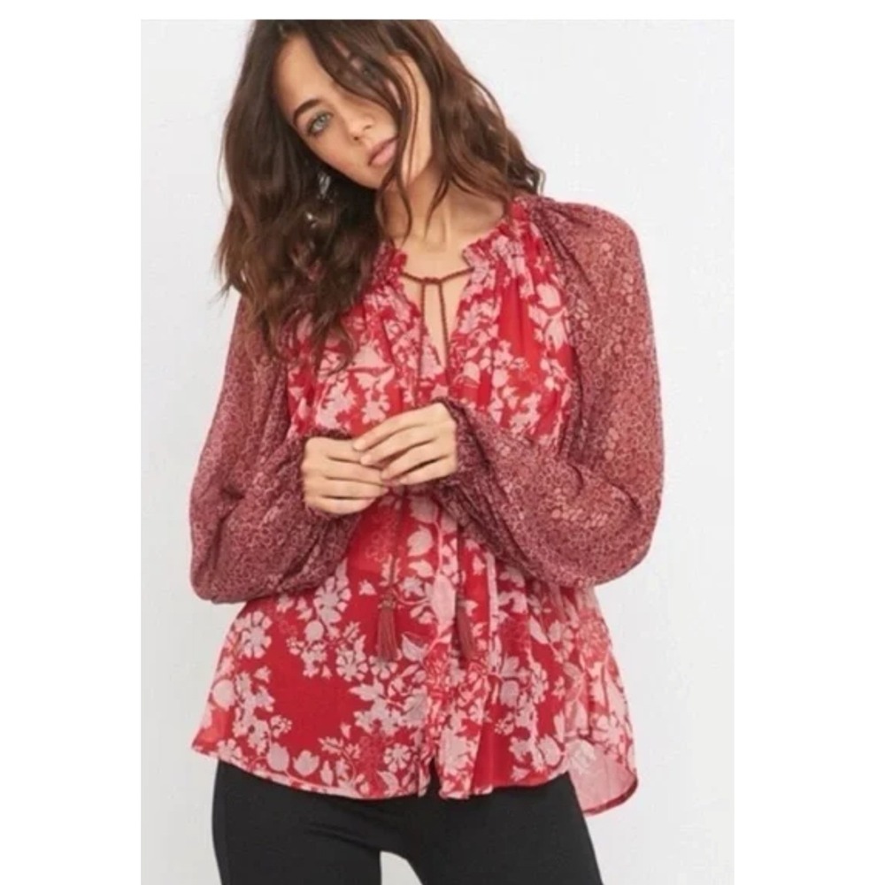 Free People Hendrix floral sheer Blouse Small Red Tassel Peasant Top